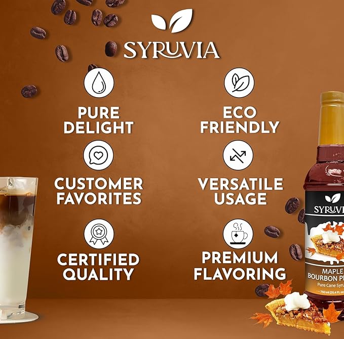Syruvia Coffee Syrup, Maple Bourbon Pecan Flavored Syrup for Drinks, Lattes, and Desserts – 25.4 fl oz, With Pump