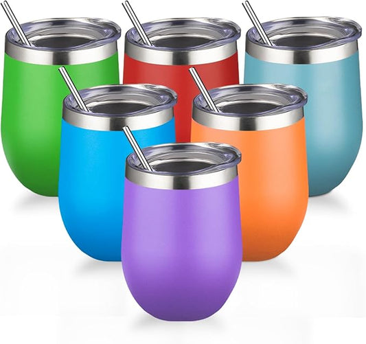 12oz/6 Pack Stainless Steel Wine Tumbler with Lid and Straw, Double Wall Vacuum Insulated Wine Tumbler Glasses, Stemless Travel Mugs for Hot and Cold Drinks, Coffee, Wine, Cocktails