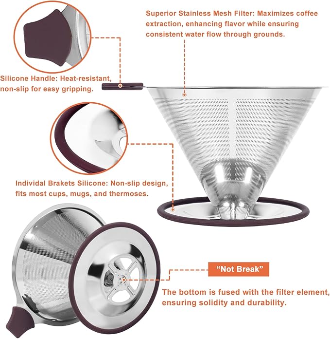 Pour Over Coffee Dripper Pour Over Coffee Filter, Cone Stainless Steel Reusable Paperless Double Layer Mesh Cup Metal Fine Mesh Strainer Slow Drip Portable with Stand & Cleaning Brush Camping