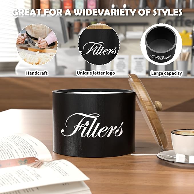 Wooden Coffee Filter Holder with Lid - Round Storage Container for Counter - Rustic Farmhouse Coffee Bar Accessories (Black)