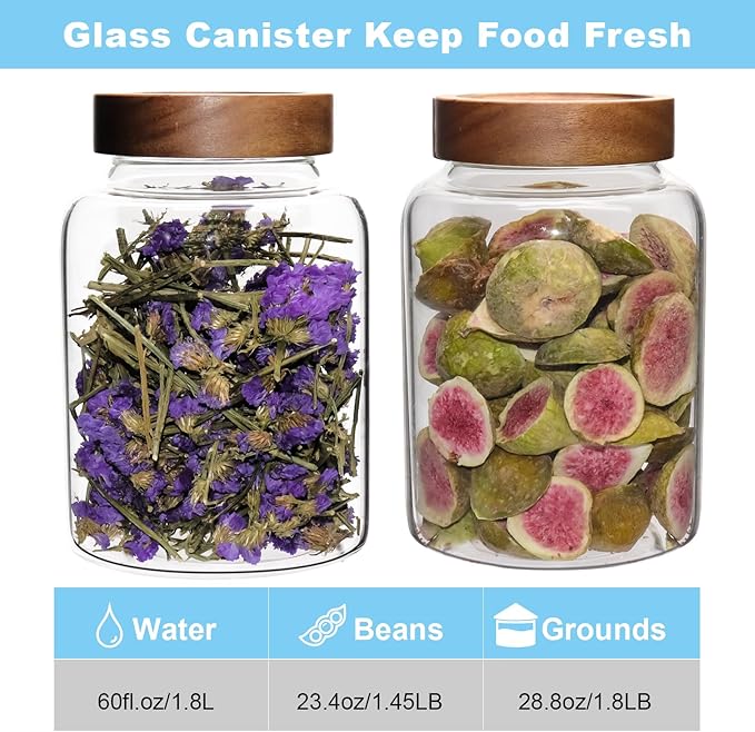 Glass Coffee Jars Spice Jar Round Storage Canister with Wooden Lid Clear Glass Food Jar for Pantry Sugar Tea Coffee Bean Spice Nuts Cookies Bath Salts (1800ml/60oz-2PACK（with spoon))