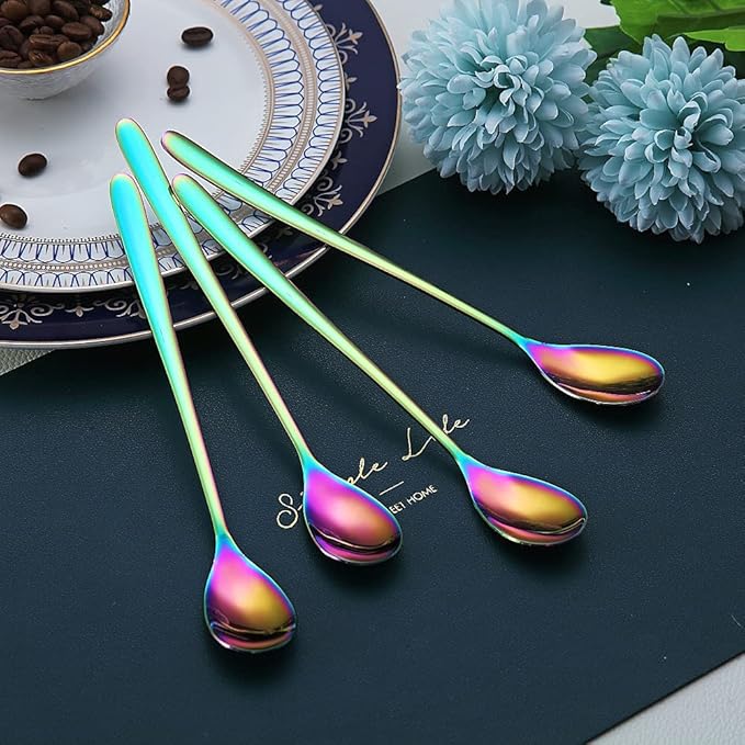 Rainbow Long Handle Spoons, Coffee Stirrers, Premium Stainless Steel Coffee & Ice Cream Spoons, Set of 6 (Colorful)