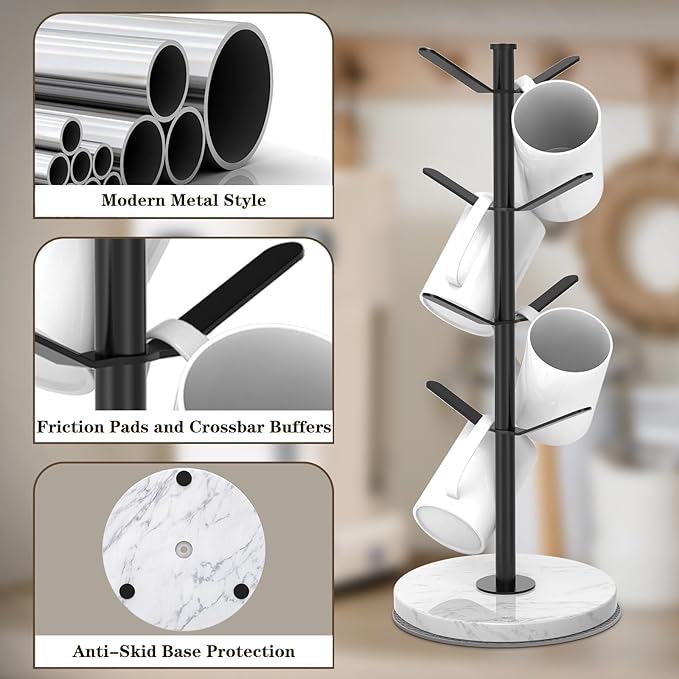 Marble Mug Holder Tree, 8 Hooks Coffee Cups Stand, New Upgraded Stable Mug Stand for Kitchen Counter Cabinet Cafe Black