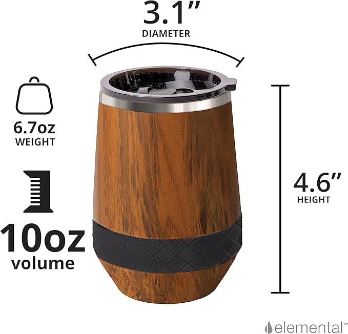 Elemental Recess Wine Tumbler - Triple Wall Insulated Stainless Steel Coffee Mug for Hot & Cold Drinks - Portable Cup with Shatterproof Sip Lid for Camping, Outdoor & Travel - 10oz - Teak Wood