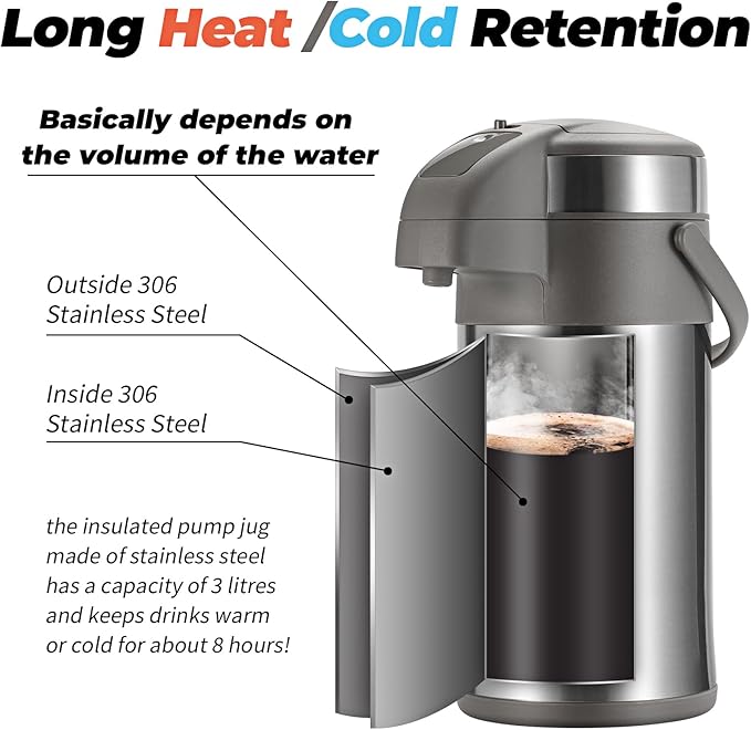 OJOJ 3L/101OZ Thermal Coffee Carafe with Pump, Thermal Beverage Dispenser, Coffee Airpot Stainless Steel Coffee Carafe for Hot Drinks Silver