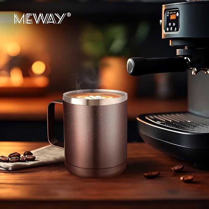 MEWAY 12oz Coffee Mug With Handle and Sliding Lid,Stainless Steel Travel Tumbler Cup with Handle,Double Wall Vacuum Insulated Camping Cup for Hot & Cold Drinks Tea (Rose Gold,Set of 1