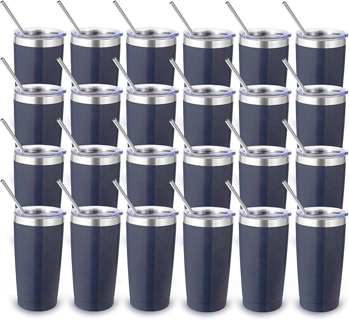 Volhoply 20oz Stainless Steel Tumbler with Lid and Straw Bulk 24 Pack,Double Wall Insulated Travel Iced Coffee Mug Fits Cup Holder,Powder Coated Cups for Hot/Cold Drinks,Christmas Gifts（Navy,24 Set）
