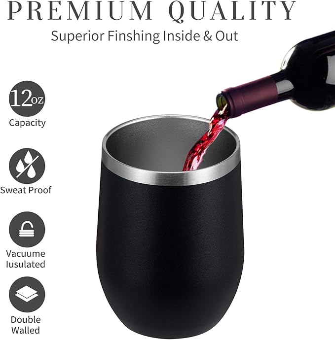 MEWAY 12oz Wine Tumbler Mix Color 4 Pack Bulk Gifts for Women, Vacuum Stainless Steel Travel Mug with Lid,Insulated Stemless Wine Cup Glass for Coffee,Cocktails,Drinks(Mix,Set of 4)