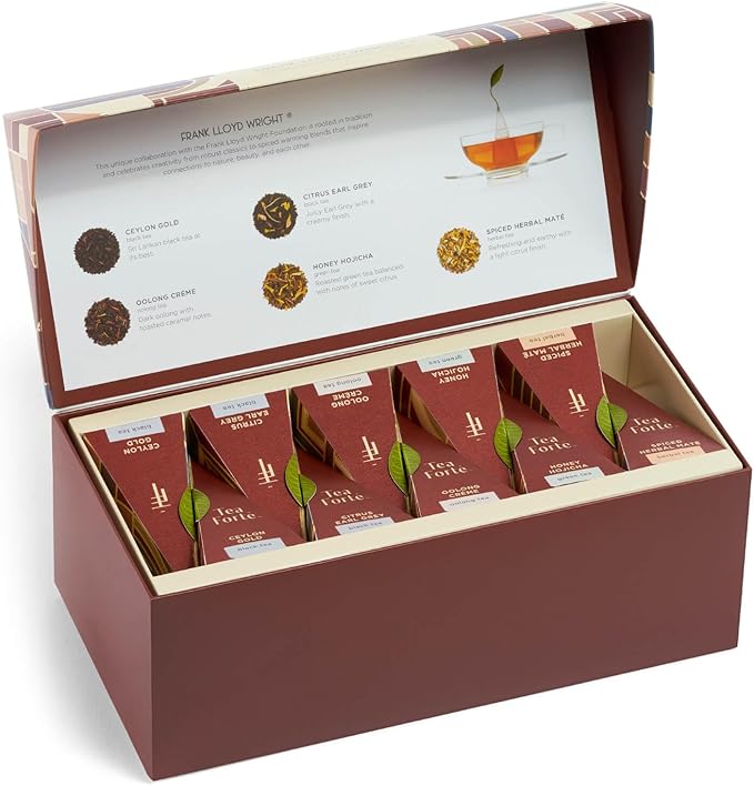 Tea Forte Frank Lloyd Wright Presentation Box Tea Gift Set Sampler, 20 Count 2 of Each Variety Individually Wrapped Handcrafted Pyramid Infuser Bags