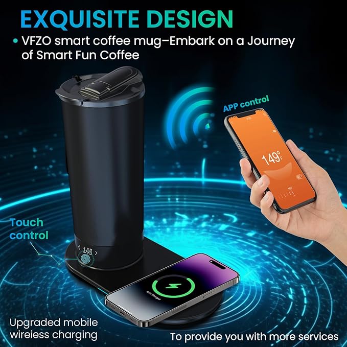 Heated travel intelligent constant temperature coffee cup 20 ounces, wireless charging base coffee service set with coffee cup that maintains constant temperature for 4-10 hours(Black, 20 oz)