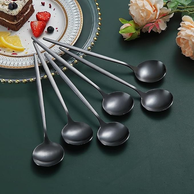 Matt Black 6 Piece Teaspoons, 6.6'' Silverware, Stainless Steel Small Spoons for Home, Kitchen or Restaurant, Dishwasher Safe
