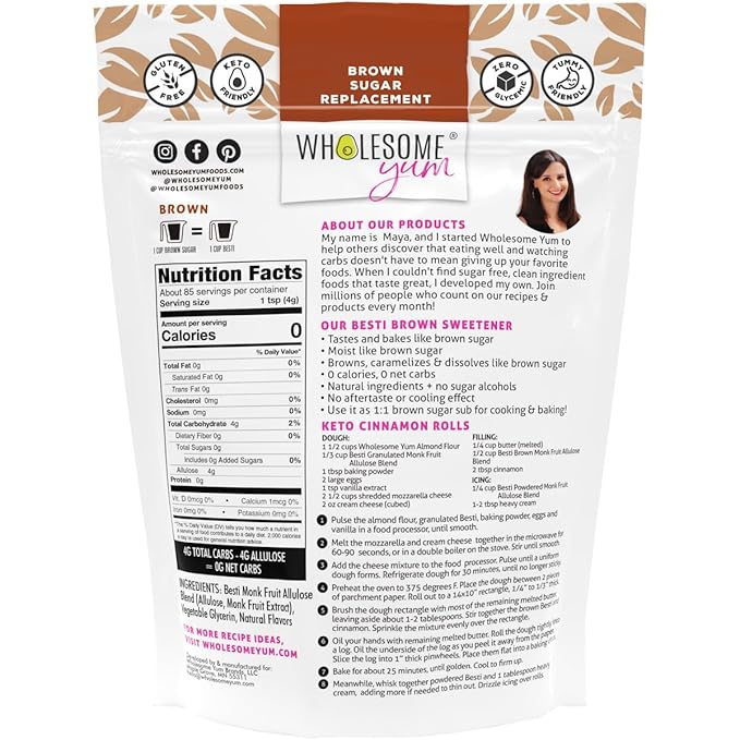 Wholesome Yum Besti Natural Brown Sugar Substitute - Keto Brown Monk Fruit Sweetener Blend With Allulose (No Erythritol) - Non GMO, Zero Carb, Zero Calorie, Sugar Free, No Aftertaste (12 oz)