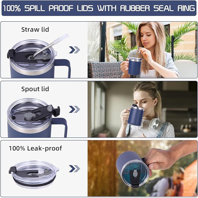 Volhoply 12oz Insulated Leakproof Coffee Mug with Flip & Straw Lid Bulk 2 Pack,Double Wall Vacuum Stainless Steel Travel Tumbler Cup with Handle,Reusable Camping Mugs Keep Cold/Hot(Navy,2 Set)