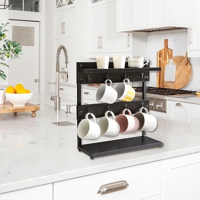 IBUYKE Rustic Coffee Mug Holder Stand, 2 Tier Countertop Mug Tree Holder Rack with Storage Base, Vintage Mug Holders for Kitchen, Holds 8 Mugs, Black UTBJ002B
