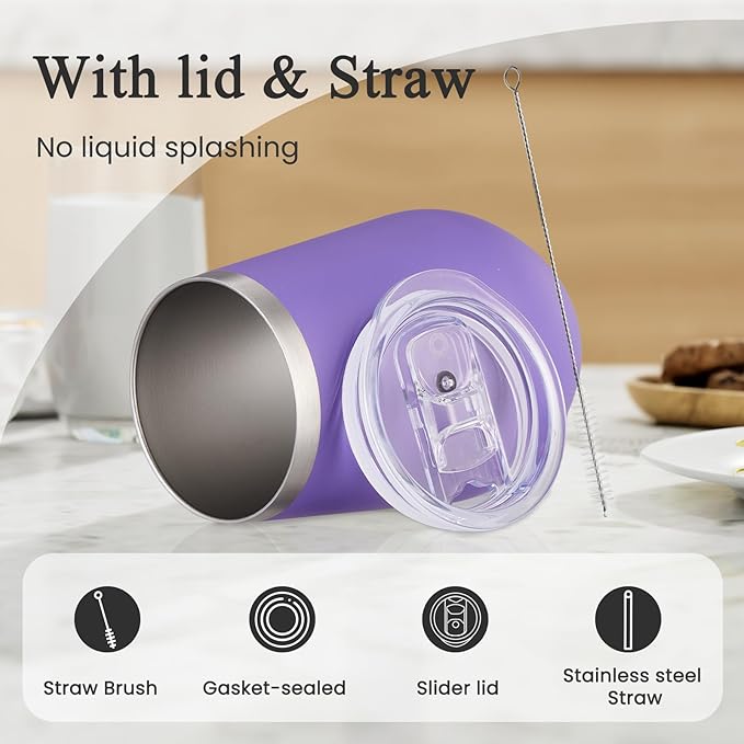MEWAY 12oz Stainless Steel Wine Tumbler with Lid and Straw - Double Wall Stainless Steel Coffee Mug, Gift for Woman Under 10 dollars， 4 Pack Bulk tumblers(Purple,Set of 4)