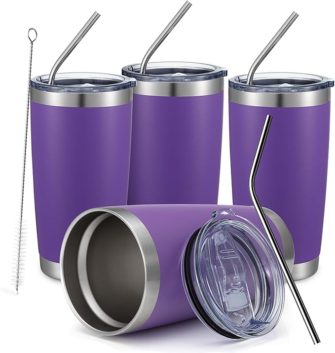 COMOOO 20oz Double Wall Vacuum Insulated Travel Mug, Stainless Steel Tumbler with Lid and Straw Durable Powder Coated Insulated Coffee Cup for Cold & Hot Drinks (Purple, 4 Pack)