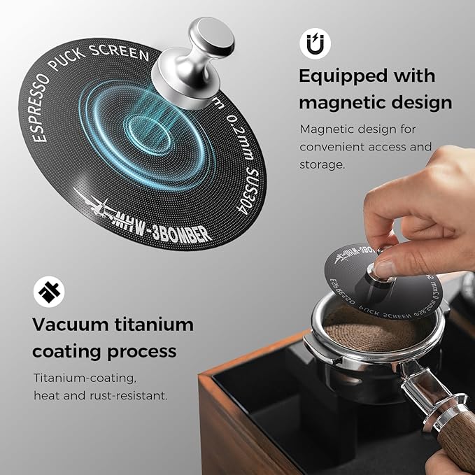 MHW-3BOMBER 58mm Espresso Puck Screen - 0.2mm Ultra Thin Espresso Puck - Metal Reusable Coffee Filter for Portafilter Basket 58mm - Puck Screen with Stand 3 Pack FG7052-OS