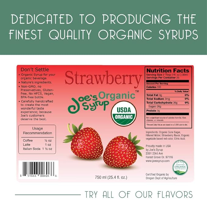 Joe’s Syrup Organic Flavored Syrup, Organic Strawberry, 750 ml