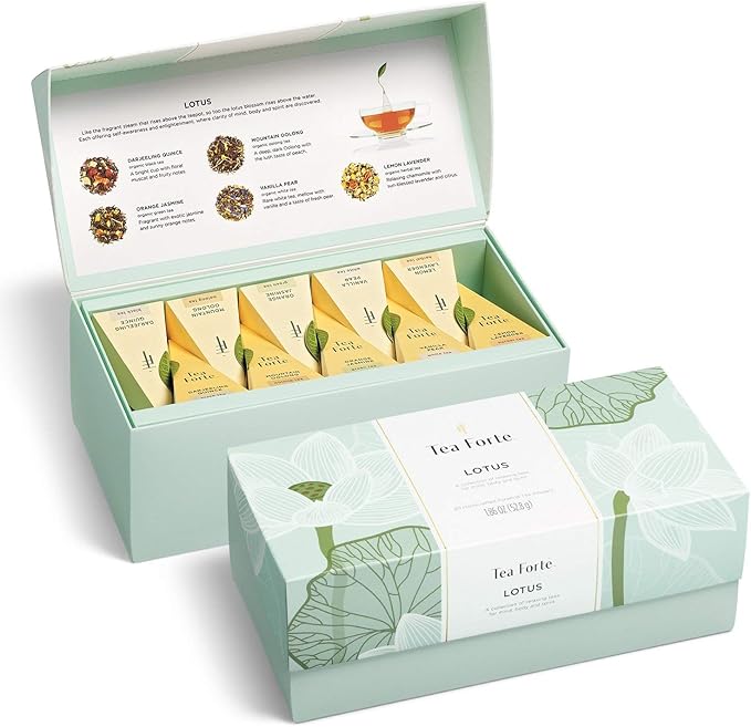 Tea Forte Lotus Presentation Box Tea Gift Set Sampler, 20 Assorted Variety Handcrafted Pyramid Infuser Bags, Black, Green, Oolong, White, Herbal Blends
