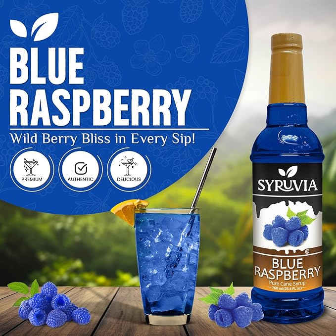 Syruvia Blue Raspberry Syrup, Flavored Syrup for Drinks, Cocktails, Lemonades, Iced Teas, and Desserts – 25.4 fl oz, With Pump