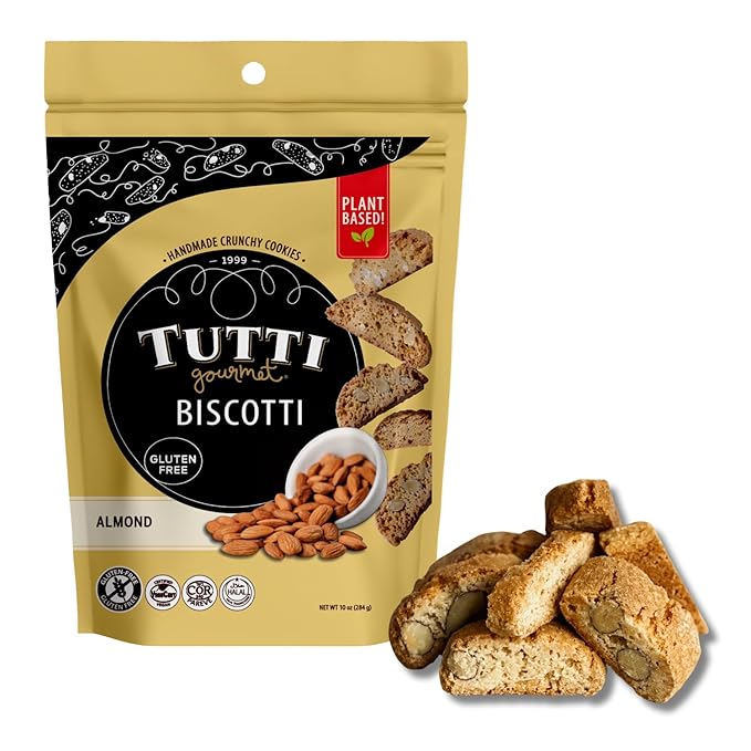 Tutti Gourmet Gluten Free Almond Biscotti, 9.9 oz (283g) Resealable Cookie Bag - Vegan and Halal Snacks