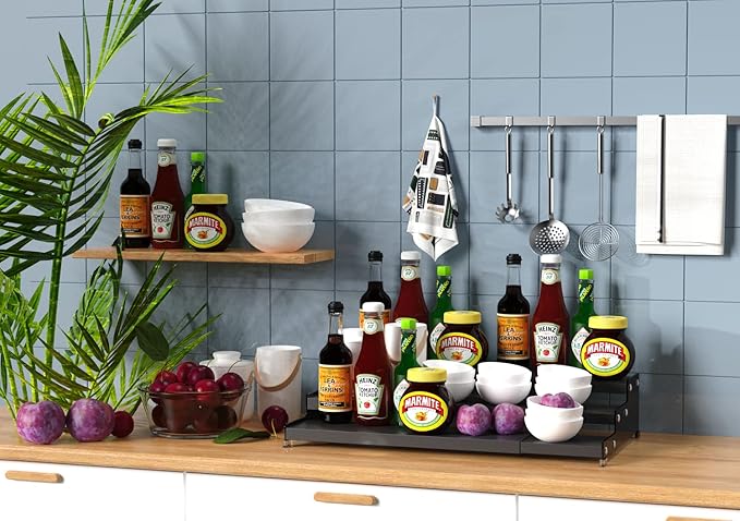 Spice Rack Organizer for Cabinet, 3 Tier Expandable Spices Storage, Great for Kitchen Cabinets, Cupboard,Pantry and Countertop More 1 Pack/Black