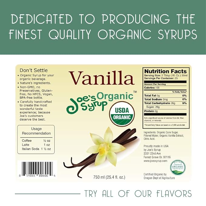 Joe’s Syrup Organic Flavored Syrup, Organic Vanilla, 750 ml (3 Pack)
