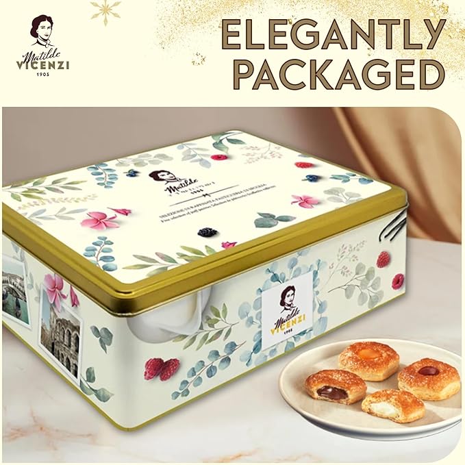 Pasticceria Matilde Vicenzi 5 O'Clock Tea Time Cookie Assortment Gift Tin - Butter Pastries, Chocolate & Vanilla Filled Gourmet Cookies - Bakery Snacks Made in Italy for Gifting - 13.76oz (390g)