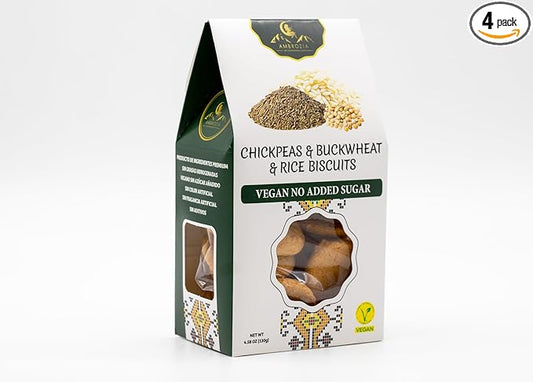 Ambrozia Vegan Snack Biscuits – Chickpeas, Buckwheat &Rice - Soft Baked, No Added Sugar, Clean Label, High Fiber & Wholesome Ingredients, Kid-Friendly, Healthy Snacks for Active Lifestyles, 4 x 4.58Oz
