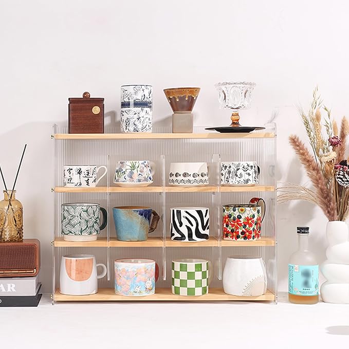 Coffee Mug Holder Wooden Cup Station Organizer 4-Tier Cup Holder for Coffee Bar Mug Display Rack for Countertop Mug Holder Shelf for Home Kitchen Pine Wood