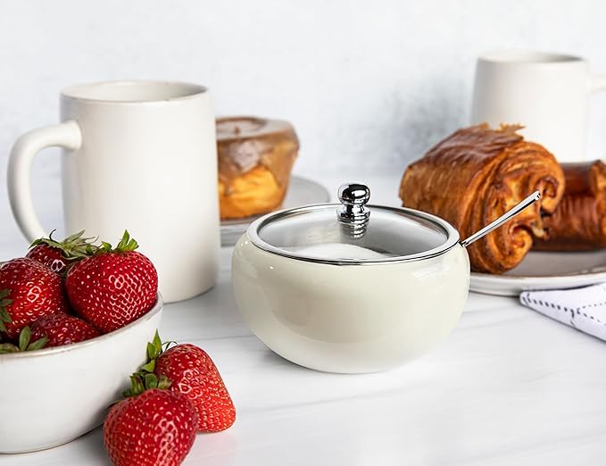 KooK Stainless Steel Sugar Bowl with Lid and Spoon, Serving Dish, Clear Glass Lid, Storage for Salt, Candy, Coffee, Holds 2 Cups, Dishwasher Safe, 16 oz Vintage White Glossy
