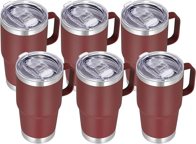 VEGOND 20 oz Tumbler Bulk with Handle Lid and Straw, Stainless Steel Insulated Travel Coffee Mug Set, Spill Proof Double Wall Metal Tumblers Cups, Wine Red 6 Pack