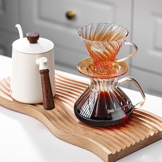 Bincoo Pour Over Coffee Maker Set,650ML Borosilicate Glass Carafe with Coffee Driper&50pcs Paper Filter,Glass Coffee Maker for Home Café Restaurant(Champagne)