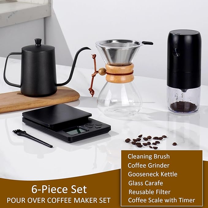 Pour Over Coffee Dripper Set, Hand Drip Coffee Maker Set, All in One Pour Over Kit with Electric Grinder, Coffee Dripper Set, Ideal for Anniversary Birthday Gift
