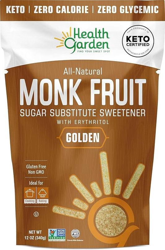 HEALTH GARDEN Monk Fruit Sweetener, Golden- Non GMO - Gluten Free - 1:1 Sugar Substitute - Kosher - Keto Friendly (12 oz)