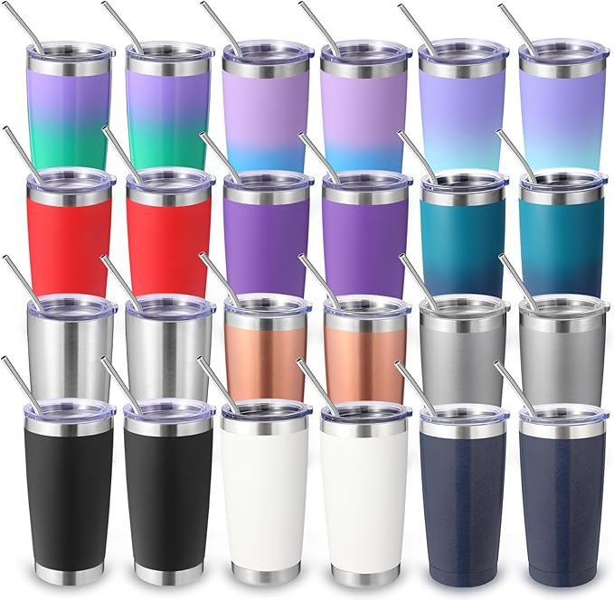 Volhoply 20oz Stainless Steel Tumbler with Lid and Straw Bulk 24 Pack,Double Wall Insulated Travel Iced Coffee Mug Fits Cup Holder,Powder Coated Cups for Cold Drinks,Christmas Gifts（Assorted,24 Set）