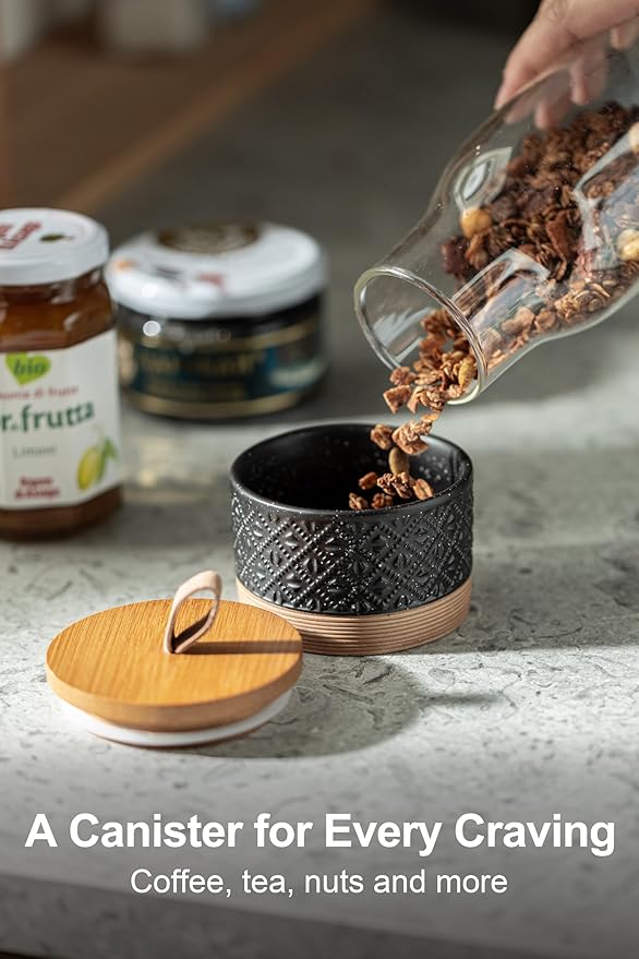 Mini Ceramic Jars with Airtight Lid, Coffee Container Canister Kitchen Food Storage Jar with Lid for Spice Sugar Tea Bag, Stackable Decorative Jars for Countertop, Pantry, Black & 5 fl.oz