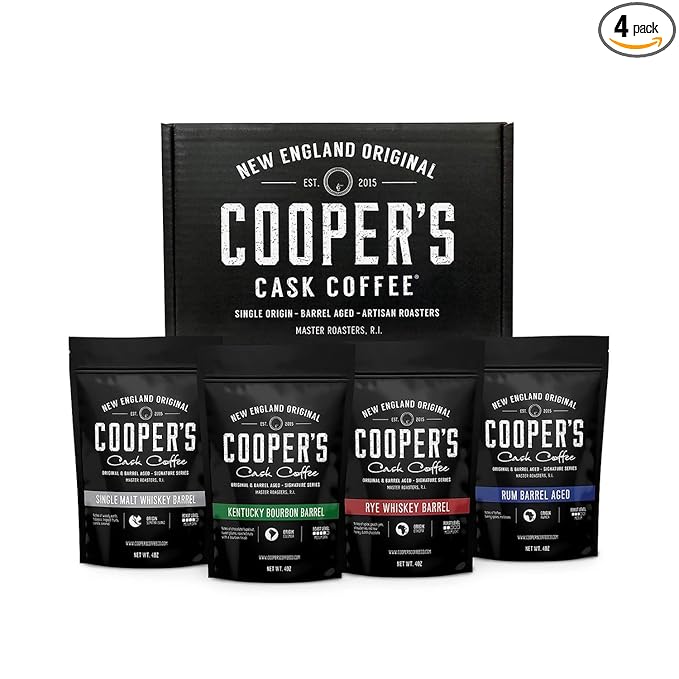 Bourbon & Whiskey Barrel Aged Coffee Box Set - 4-Bag Roasted Coffee Sampler- Bourbon Colombian, Malt Whiskey Sumatra, Rye Whiskey Ethiopian, Rum Barrel Rwanda, (Whole Bean, 4 Ounce (Pack of 4))