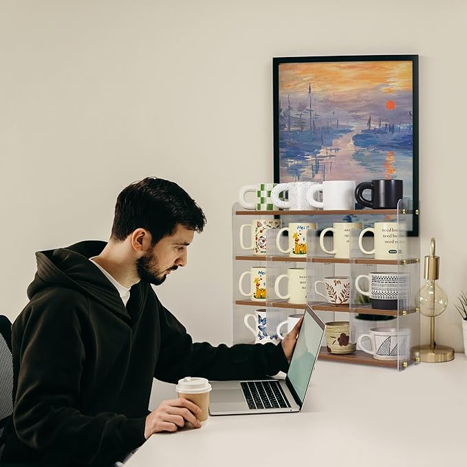 Coffee Mug Holder Wooden Cup Station Organizer 4-Tier Cup Holder for Coffee Bar Mug Display Rack for Countertop Mug Holder Shelf for Home Kitchen Nut Brown