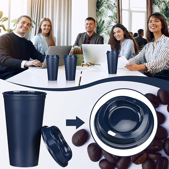 Domensi 15 Pack Reusable Coffee Cups with Lids 16 oz Disposable Travel Cups Bulk Plastic to Go Coffee Tumblers for DIY Hot Cold Drink Party Favors Coworker, Microwaveable (Dark Blue)