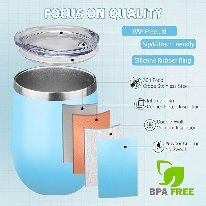 12oz/4 Pack Stainless Steel Wine Tumbler with Lid and Straw, Double Wall Vacuum Insulated Wine Tumbler Glasses, Stemless Travel Mugs for Hot and Cold Drinks, Coffee, Wine, Cocktails