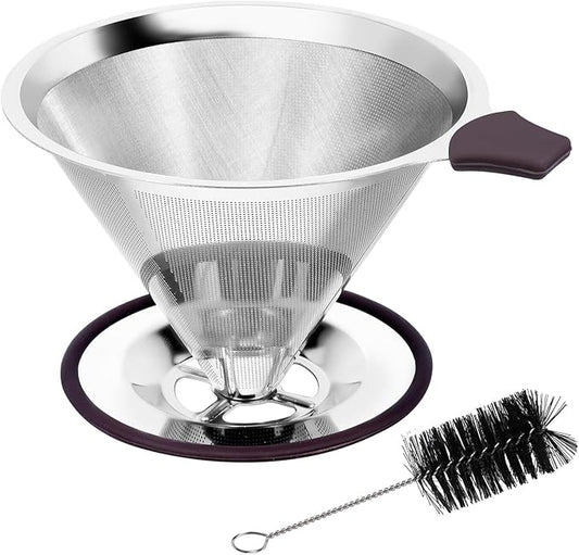 Pour Over Coffee Dripper, Paperless Pour Over Coffee filter, Stainless Steel Reusable Coffee Filters with Double Layer Mesh, Coffee Strainer Cup Stand & Cleaning Brush