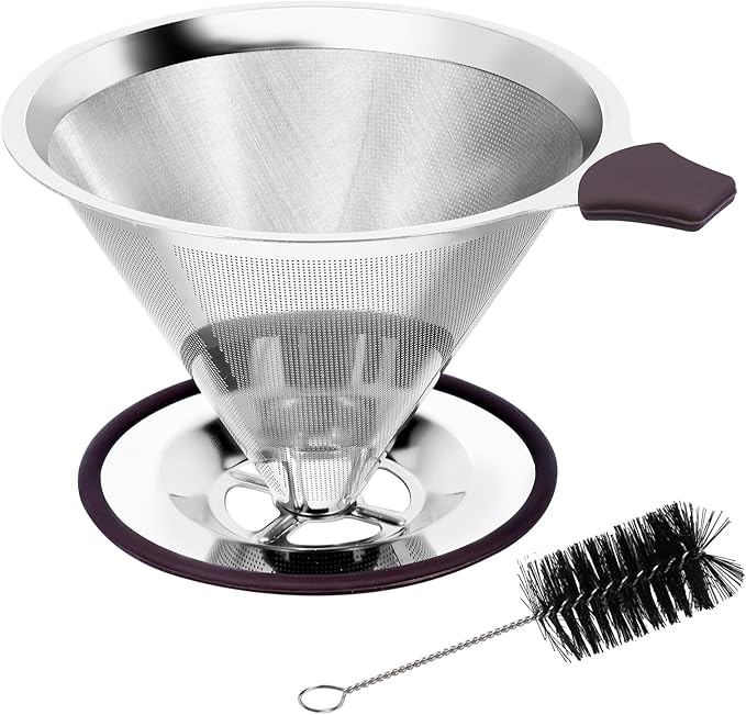 Pour Over Coffee Dripper Pour Over Coffee Filter, Cone Stainless Steel Reusable Paperless Double Layer Mesh Cup Metal Fine Mesh Strainer Slow Drip Portable with Stand & Cleaning Brush Camping