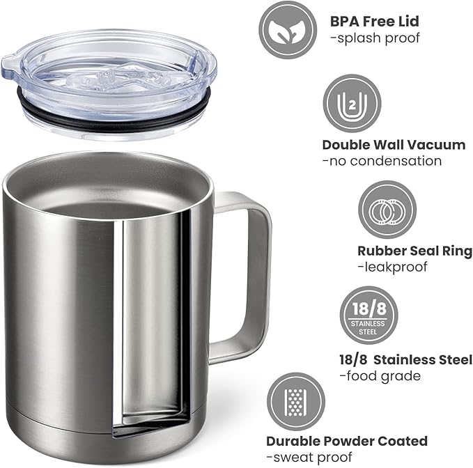 MEWAY 12oz Coffee Mug With Handle 4 Pack Bulk,Stainless Steel Insulated Travel Tumblers With Sliding Lid,Double Wall Vacuum Camping Cup for Hot & Cold Drinks Tea (Sliver,Set of 4)