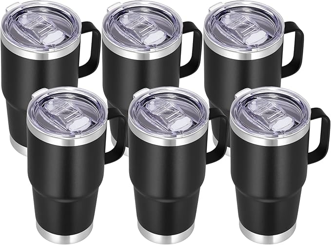 VEGOND 20 oz Tumbler Bulk with Handle Lid and Straw, Stainless Steel Insulated Travel Coffee Mug Set, Spill Proof Double Wall Metal Tumblers Cups, Black 6 Pack