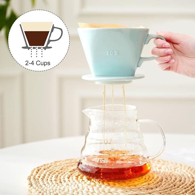 Pour Over Coffee Dripper, Ceramic Pour Over Coffee Maker with 3 Holes Flat Bottom, Easy Manual Slow Brewing, Porcelain Slow Filter Cone for Home, Office, Gift, Size 2, GR