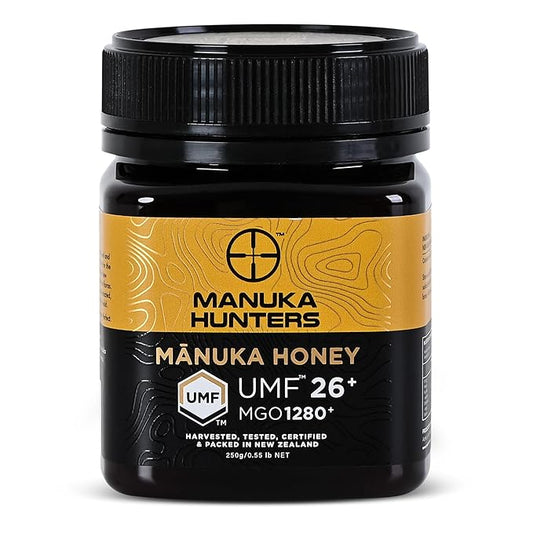 Manuka Hunters UMF 26+/MGO 1280+ Certified New Zealand Manuka Honey - 100% Pure Natural Sweetener - Gluten, Dairy Free - Ideal for Tea, Coffee, Smoothies, and Baking - Sustainable - 8.8oz/250g Jar