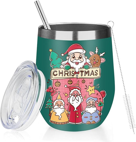 Christmas Wine Tumbler 12 oz Stainless Steel Wine Tumble Insulated Wine Tumbler with Lid Christmas Wine Glass Gifts with Straw and Brushes for Women Men Xmas Wedding Party (Green)