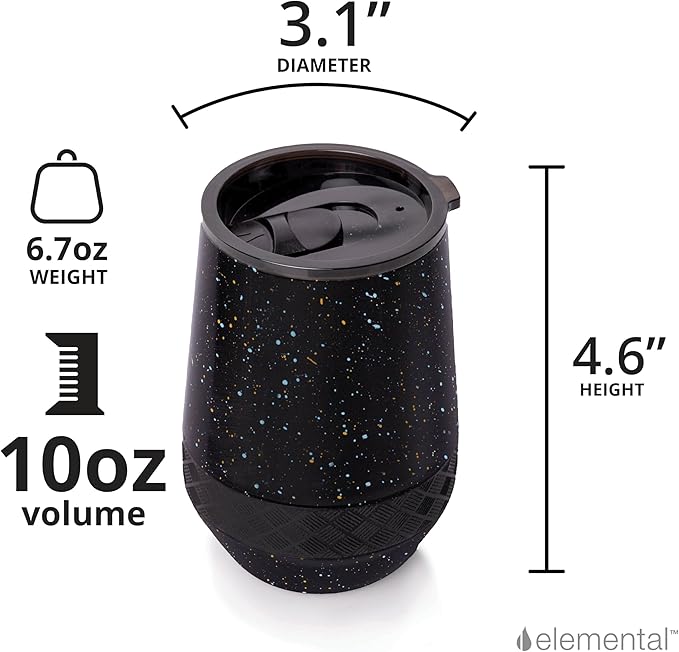 Elemental Recess Wine Tumbler - Triple Wall Insulated Stainless Steel Coffee Mug for Hot & Cold Drinks - Portable Cup with Shatterproof Sip Lid for Camping, Outdoor & Travel - 10oz - Black Speckle