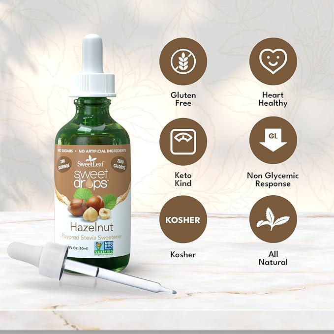 SweetLeaf Stevia Liquid Sweet Drops - Hazelnut Flavored Drops, Stevia Liquid Sweetener, Zero-Calorie, Sugar-Free Syrup Alternative for Keto Coffee, Baking, Shakes, 2 Fl Oz (Pack of 2)